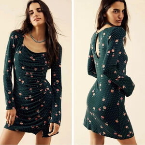 Free People Celia Floral Dress Square Neck Longsleeve Green Mini Bodicon Keyhole